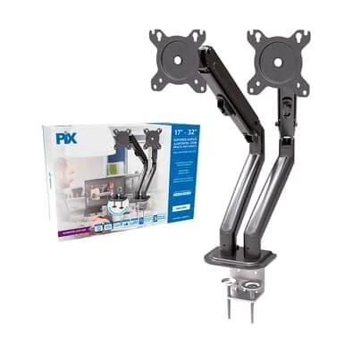 Suporte para 2 Monitores 17" a 32" PIX, Braço Mecânico, Ajustável, Morsa, Preto - PX-25