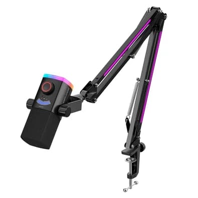 Microfone Dinâmico Gamer Fifine AmpliGame AM8PROT, XLR/USB-C, RGB, Touch Mute, com Braço Articulado - AM8PROT