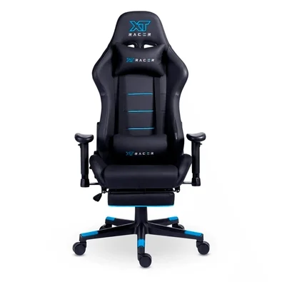 Cadeira Gamer XT Racer Attack, Até 120Kg, Reclinável, Apoio de Pés Retrátil, Cilindro de Gás Classe 4, Couro PU, Preta e Azul - XTR-058