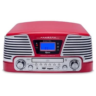 Toca Discos Vitrola Raveo Harmony BT - Bluetooth, CD, MP3, USB e SD Reproduz e Grava, Aux. e FM 10W RMS Bivolt Vermelho