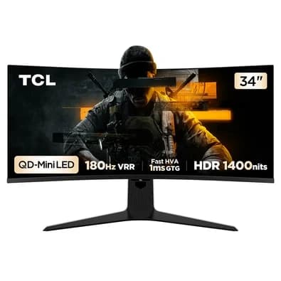 Monitor Gamer Curvo TCL QD Mini LED 34", WQHD, Ultrawide, 180Hz, 1ms, HDR 1400, USB-C, FreeSync Premium, Altura Ajustável, Som Integrado - 34R83Q