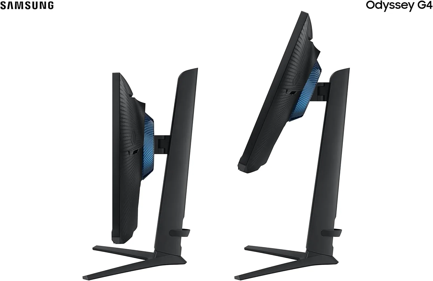 Samsung Odyssey G40 visto de lado, mostrando o ajuste de altura e inclinação