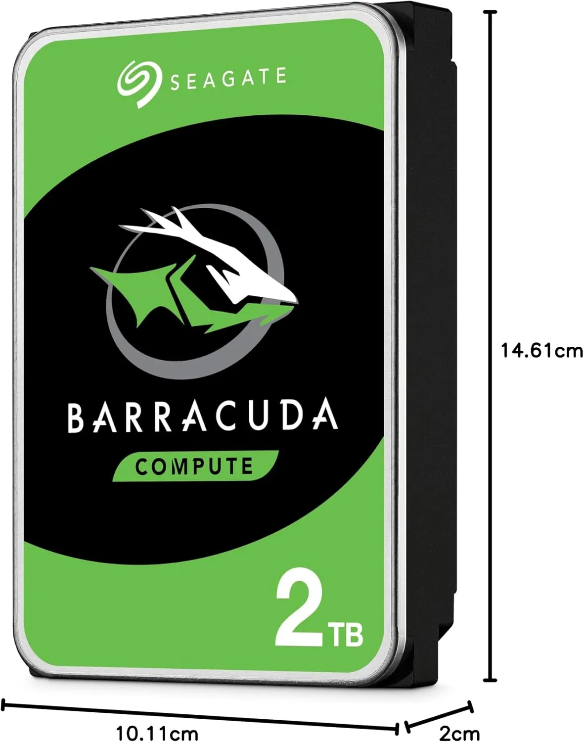 Seagate BarraCuda 2TB visto de lado, com dimensões do disco rígido